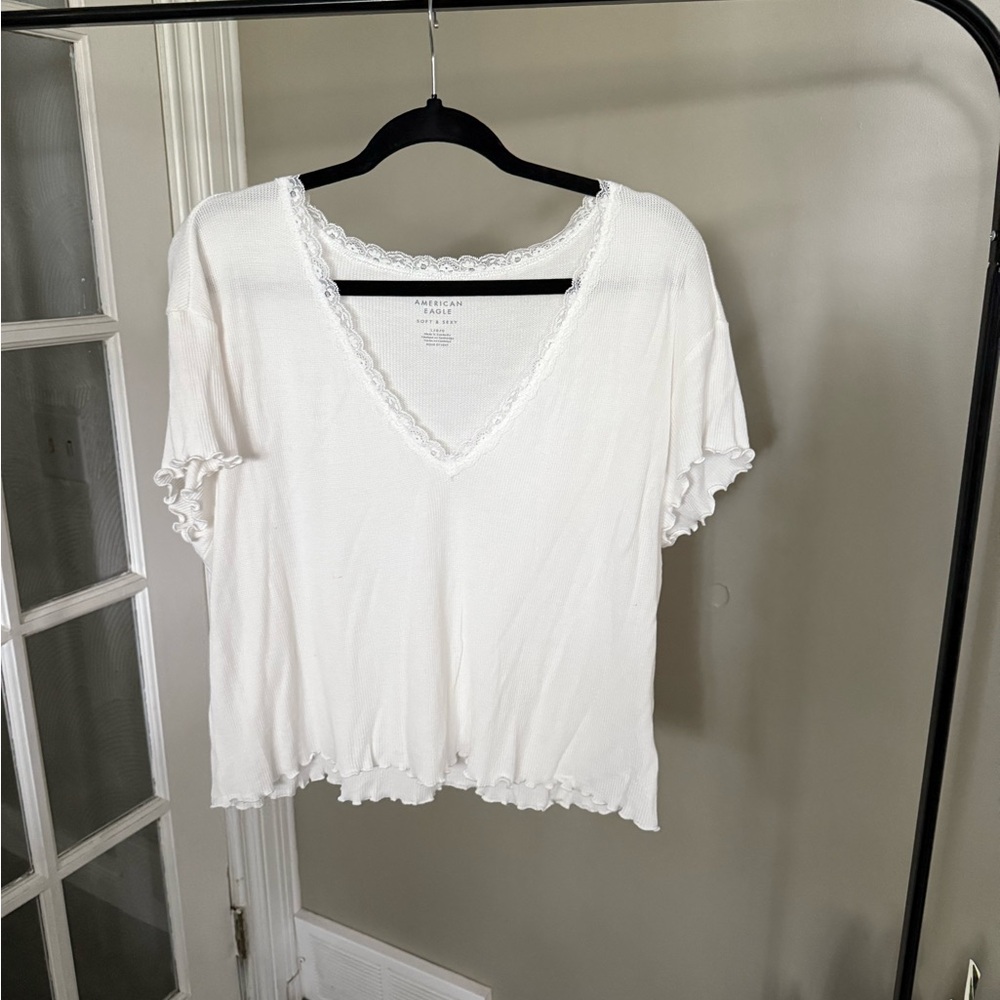 American Eagle Outfitters Cream Lace Trim Tee (L)